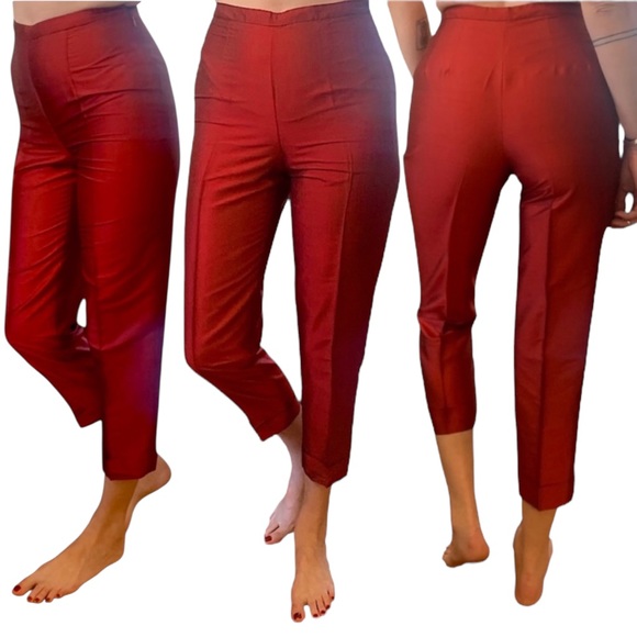 gianni petite Pants - GIANNI PETITE Red Silk High Waist Cuffed Ankle Cropped Pants • Vintage 90s • 4 P